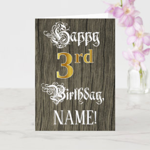 Tarjeta 3.ᵉʳ Cumpleaños: Faux Gold Look + Faux Wood Patter