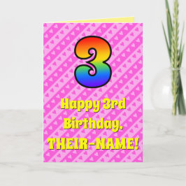 Tarjeta 3.ᵉʳ cumpleaños: Rayas y corazones rosas, arcoiris
