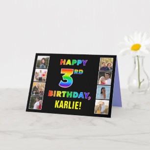 Tarjeta 3.ᵉʳ cumpleaños: texto arcoiris, fotos y nombre Pe