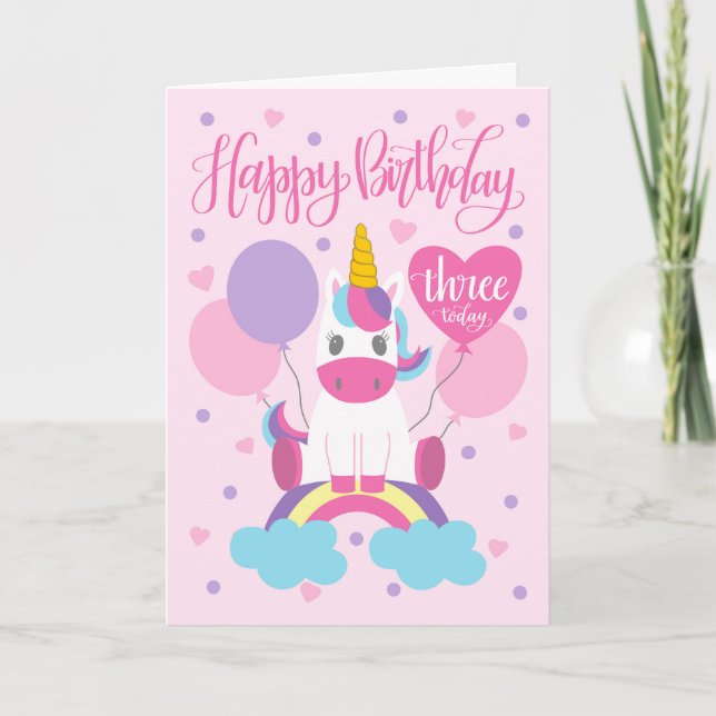 Tarjeta 3.ᵉʳ Cumpleaños Unicornio Sentado En Arcoiris (Anverso)