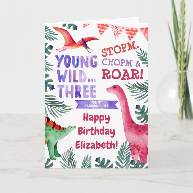 Tarjeta 3.ᵉʳ Dinosaurio Rosa De Cumpleaños Para Nieta (Anverso)