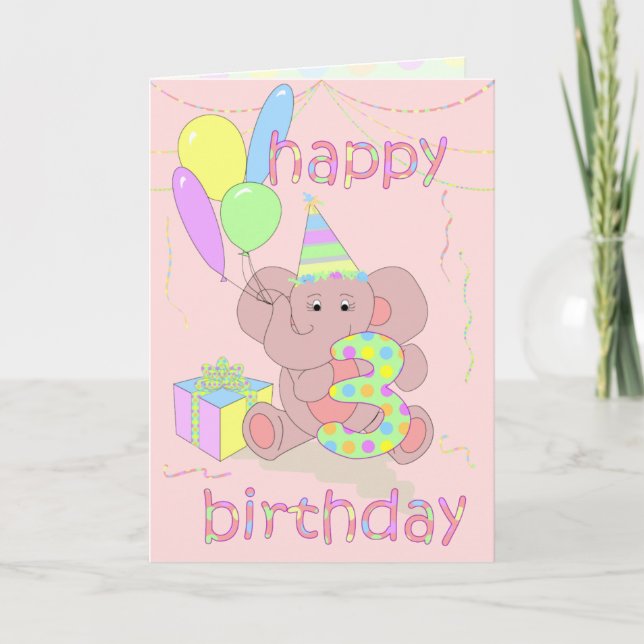 Tarjeta 3.ᵉʳ Elefante de Cumpleaños para los Chicas (Anverso)