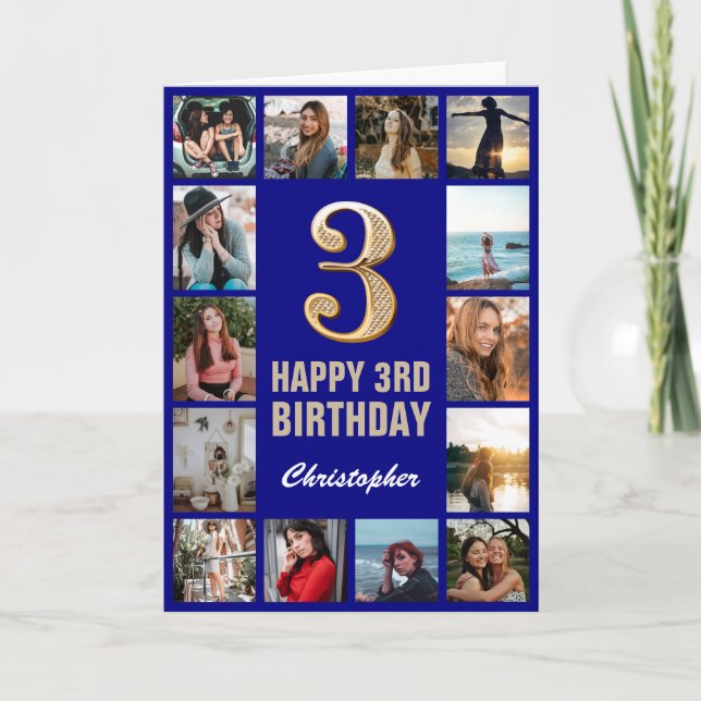 Tarjeta 3.ᵉʳ feliz cumpleaños Collage de fotos azul y oro  (Anverso)