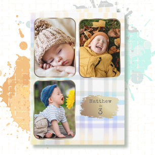 Tarjeta 3 cumpleaños Collage de 3 fotos Plaid Acuarela