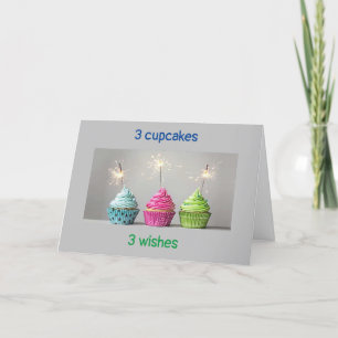TARJETA *3 CUPCACAS Y 3 VELOCIDADES Y DESEOS DE CUMPLEAÑOS