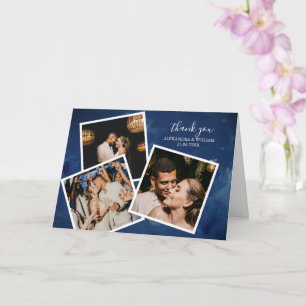 Tarjeta 3 Foto Azul Marino Acuarela Agradecimiento de Boda