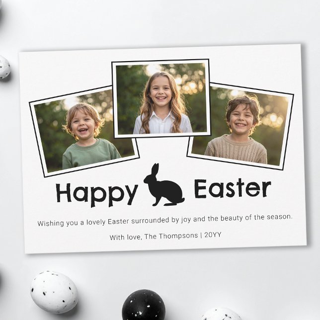 Tarjeta 3 Photo Collage Bold Black Happy Easter With Bunny (Subido por el creador)