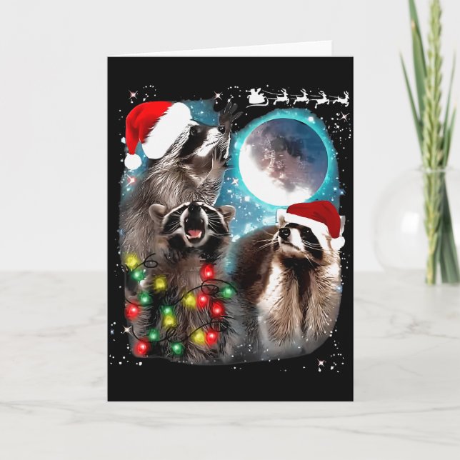 Tarjeta 3 Racoon Moon Howling Raccoon Christmas Santa Raco (Anverso)
