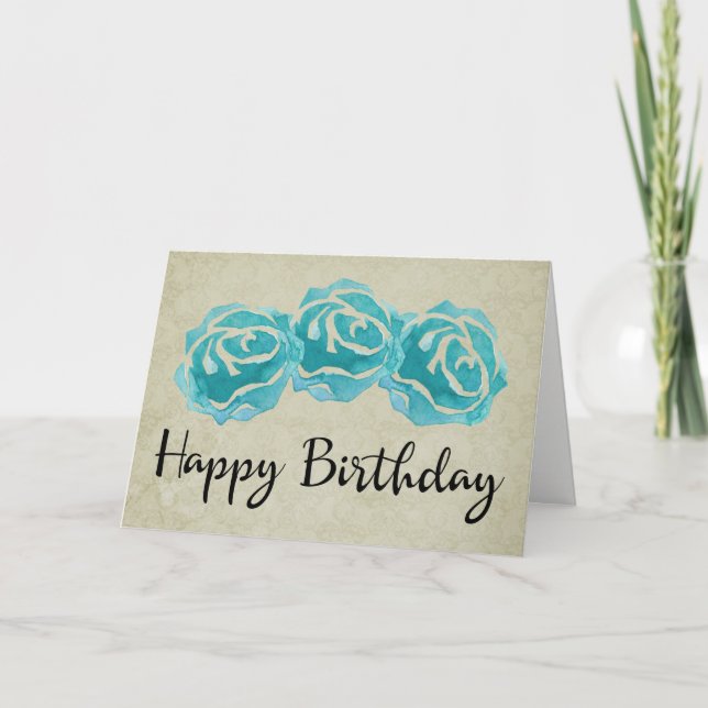 Tarjeta 3 Rosas de acuarela Verde azulados en cumpleaños d (Anverso)