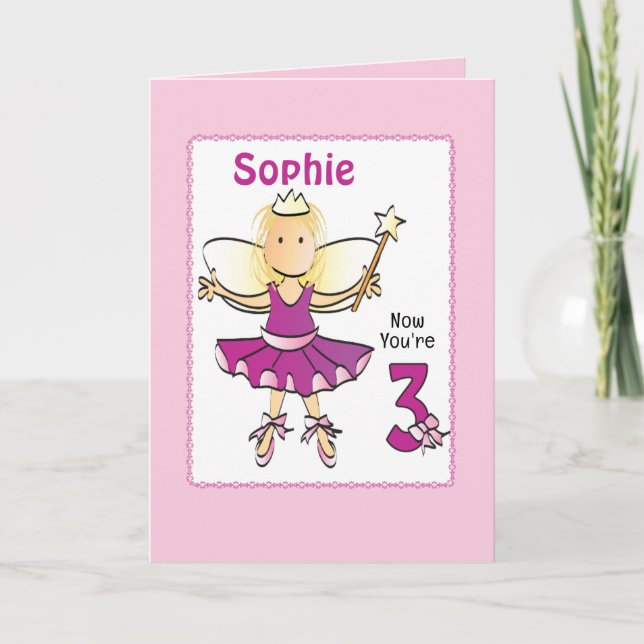 Tarjeta 3 Year Old Cute Ballerina Cartoon Pink Birthday   (Anverso)