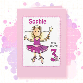 Tarjeta 3 Year Old Cute Ballerina Cartoon Pink Birthday  