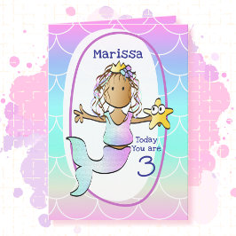 Tarjeta 3rd Birthday Ethnic Mermaid Cartoon Adorable Cute 
