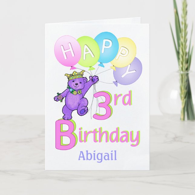 Tarjeta 3rd Birthday Princess Bear, Custom Name (Anverso)