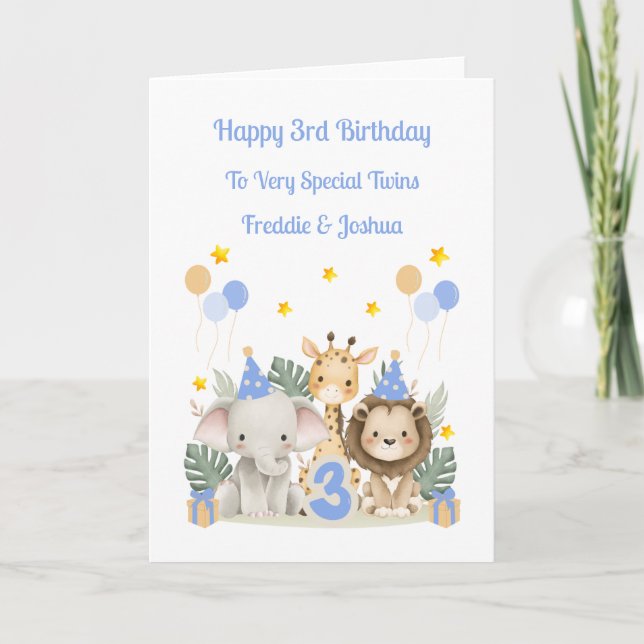 Tarjeta 3rd Birthday Safari Animals Twin Boys Card (Anverso)