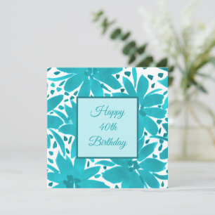 Tarjeta 40.ª acuarela de flores azules turquesas de cumple