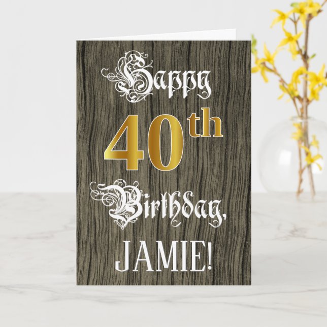 Tarjeta 40.º Cumpleaños: Faux Gold Look + Faux Wood Patter (flor amarilla)