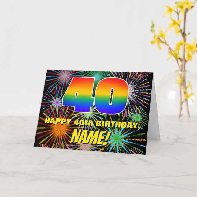 Tarjeta 40.º cumpleaños: Fuegos artificiales divertidos y  (flor amarilla)