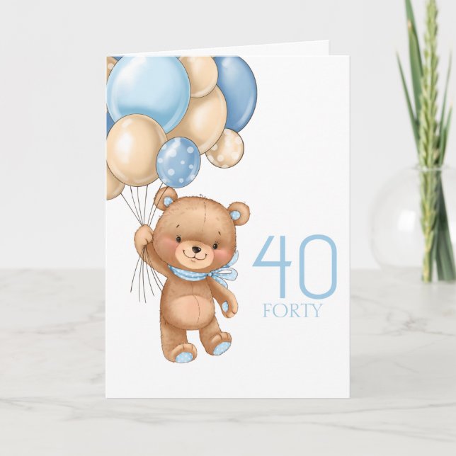 Tarjeta 40.º cumpleaños lindo globos azules carados cartón (Anverso)