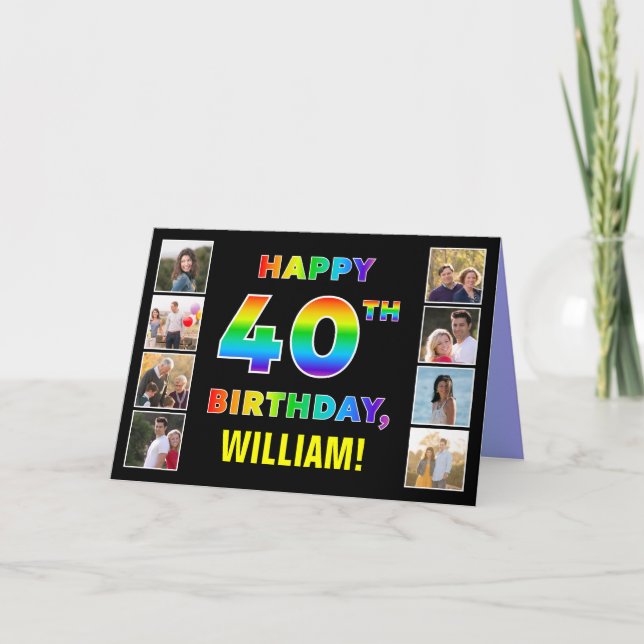 Tarjeta 40.º cumpleaños: texto arcoiris, fotos y nombre de (Anverso)