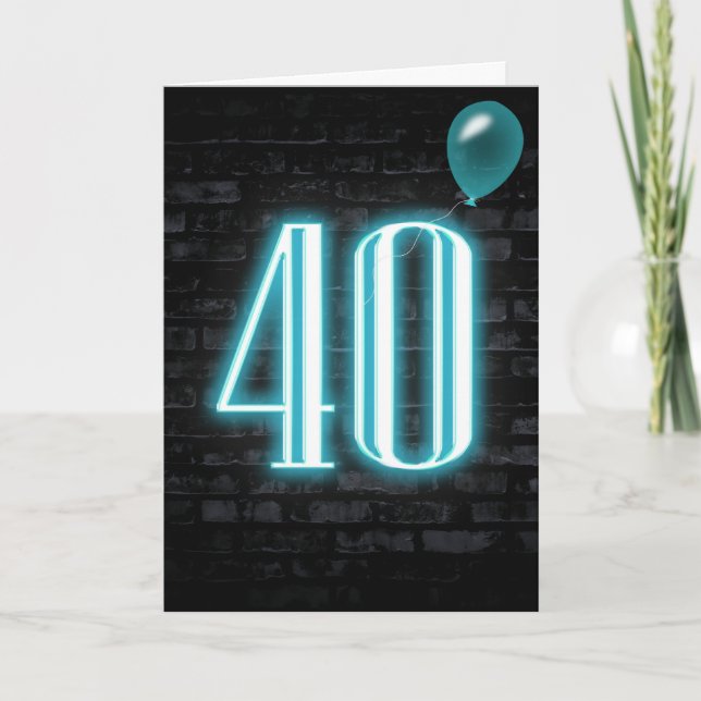 Tarjeta 40.º Rótulo neón de cumpleaños en ladrillo (Anverso)