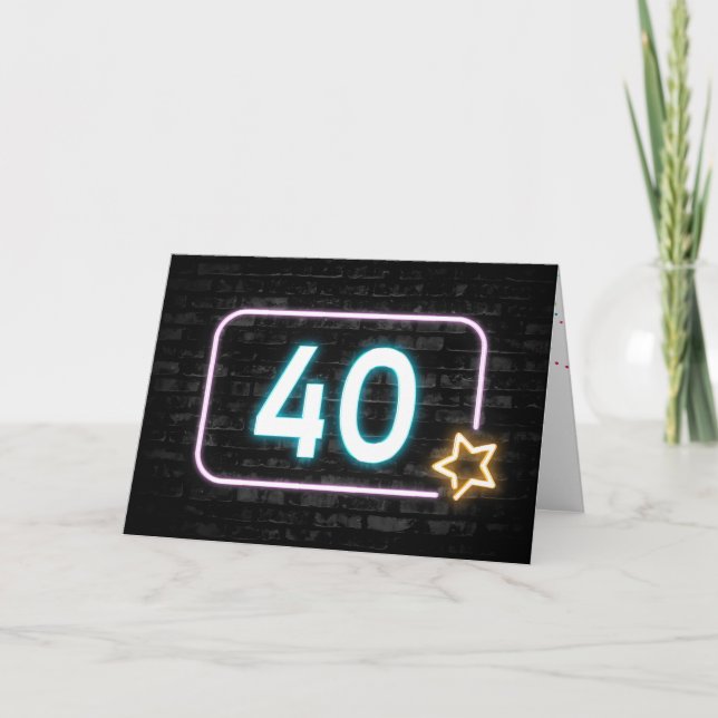 Tarjeta 40.º Rótulo Neón De Cumpleaños En Ladrillo (Anverso)