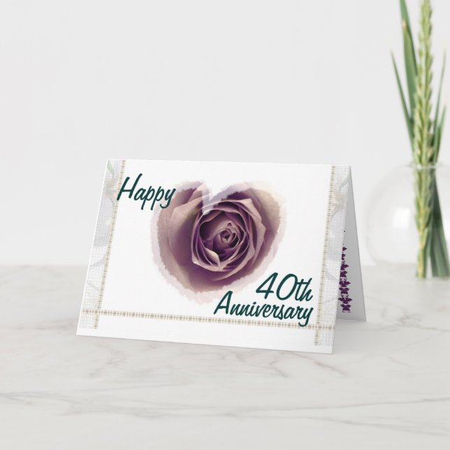 Tarjeta 40 Aniversario de Boda - Corazón de Rosa Púrpura (Anverso)
