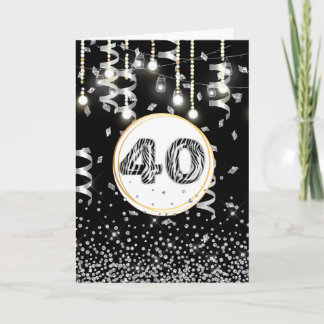 Tarjeta 40 años luces de purpurina de cebra blanca y negra