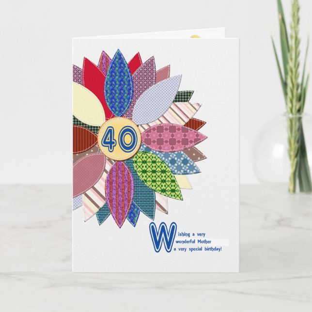 Tarjeta 40° cumpleaños para la madre, flor cosida (Anverso)
