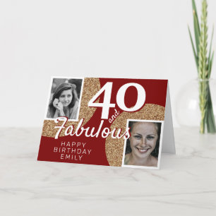 Tarjeta 40 y fabuloso brillo dorado 2 foto cumpleaños 40