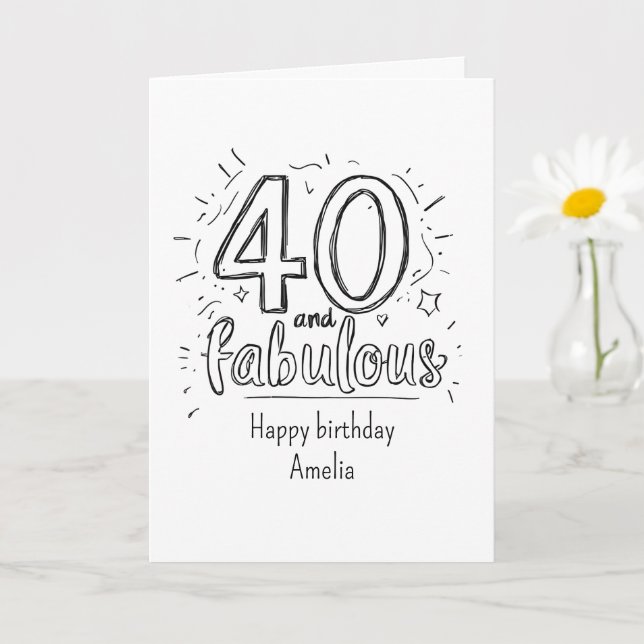 Tarjeta 40 y Fabuloso Doodle Feliz Cumpleaños (Planta pequeña)