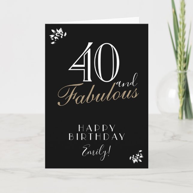 Tarjeta 40 y Fabulous Elegant Black 40th Birthday Card (Anverso)