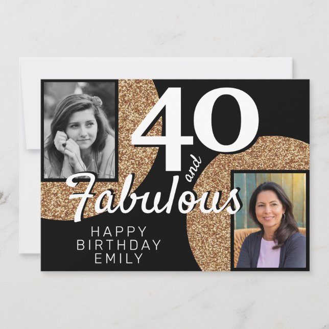 Tarjeta 40 y Fabulous Gold Purpurina 2 Foto 40 cumpleaños (Anverso)