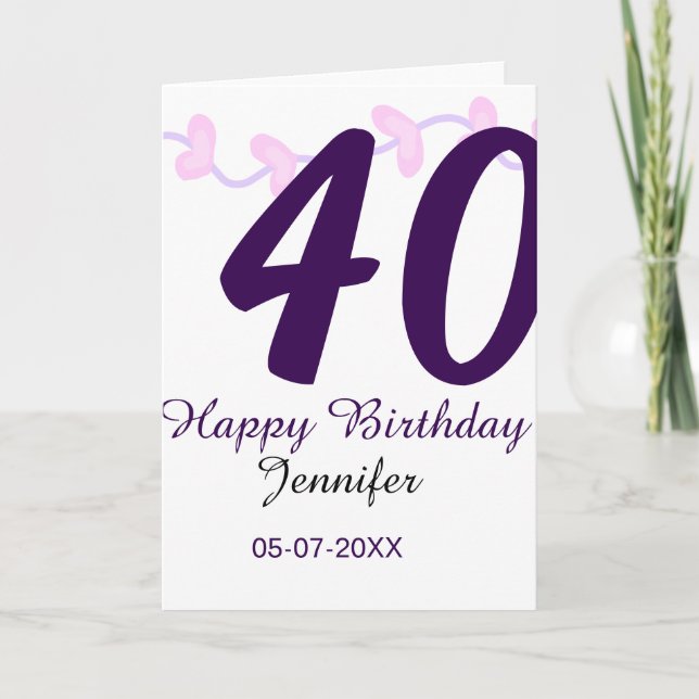 Tarjeta 40th birthday add name date year purple floral pin (Anverso)