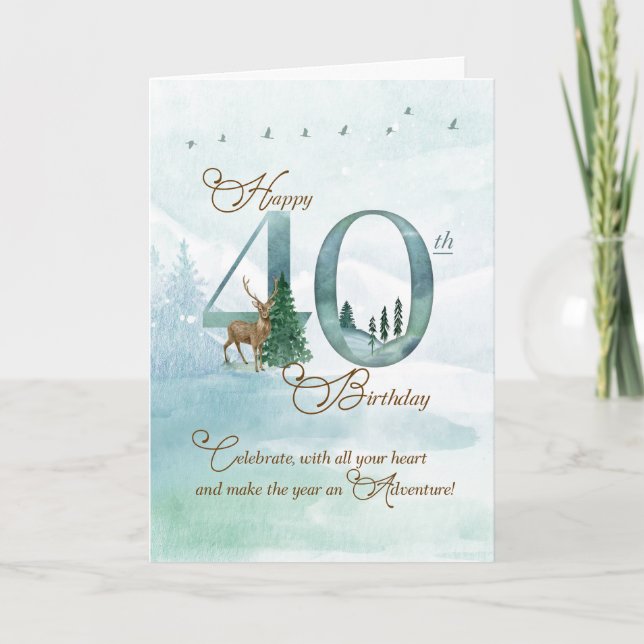 Tarjeta 40th Birthday Evergreen Pines and Deer Nature (Anverso)