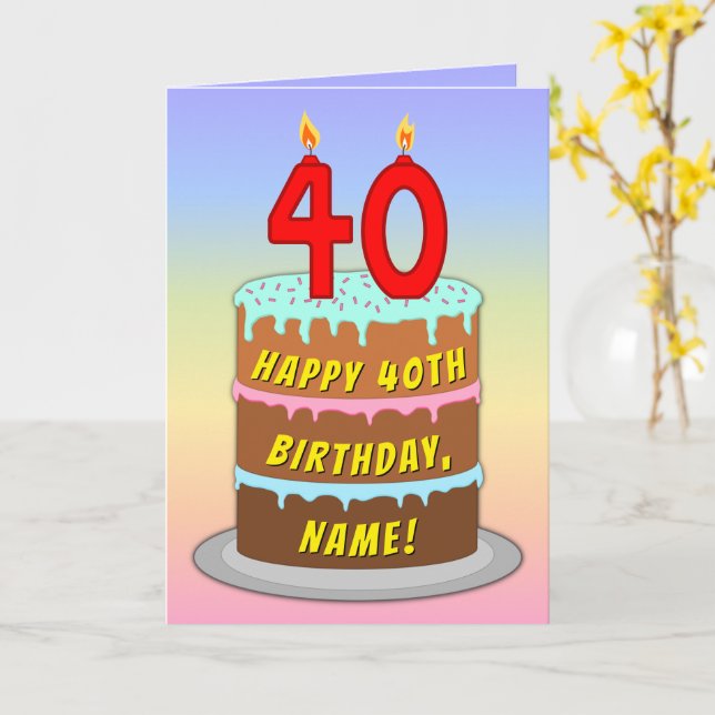 Tarjeta 40th Birthday — Fun Cake & Candles, w/ Custom Name (flor amarilla)