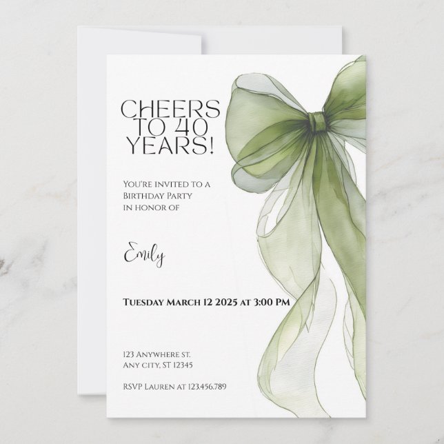 Tarjeta 40th Birthday Invitation • Green Bow Milestone (Anverso)