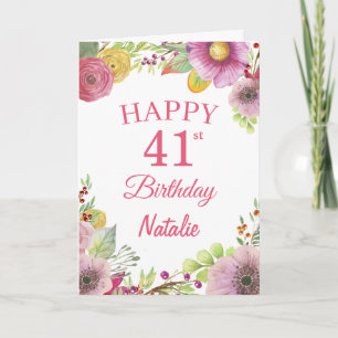 Tarjeta 41.ª acuarela Flores Florales Pink Card