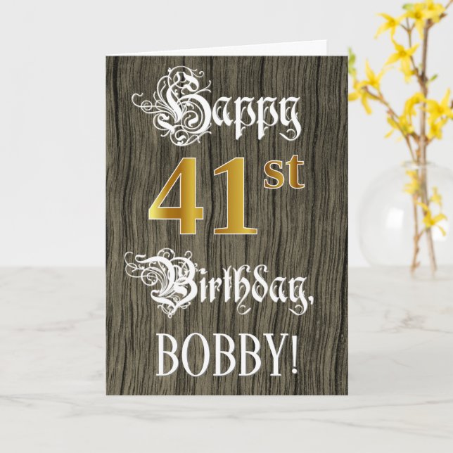 Tarjeta 41 Aniversario de la Faux Gold Look + Faux Wood Pa (flor amarilla)
