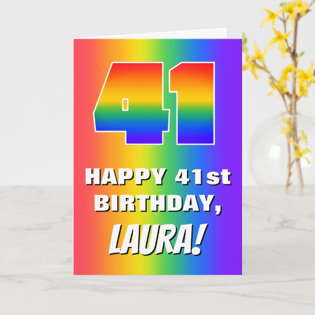Tarjeta 41st Birthday: Colorful, Fun Rainbow Pattern # 41 (flor amarilla)