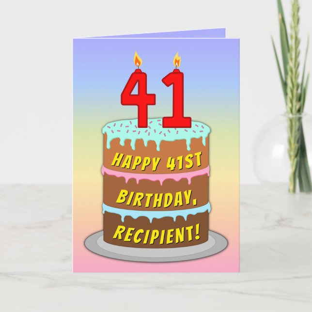 Tarjeta 41st Birthday — Fun Cake & Candles, w/ Custom Name (Anverso)