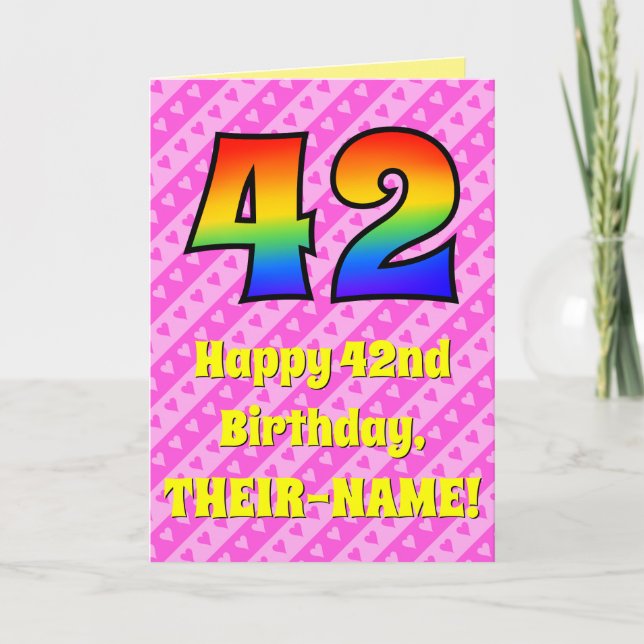 Tarjeta 42º cumpleaños: Rayas y corazones rosados, arcoiri (Anverso)