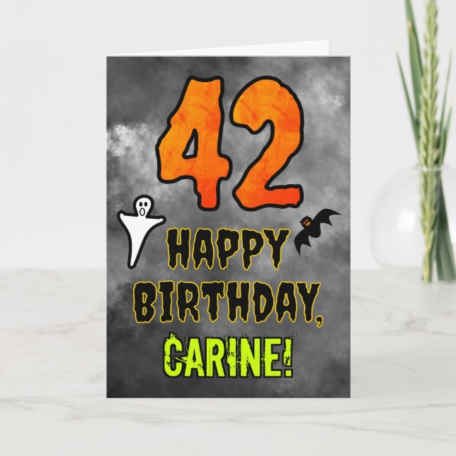 Tarjeta 42º cumpleaños: Tema de Eerie Halloween + nombre p (Anverso)