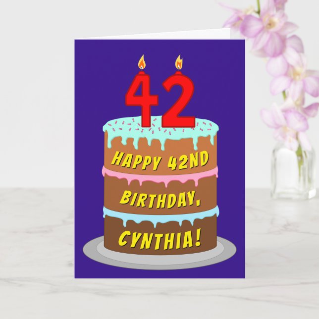 Tarjeta 42º cumpleaños: Torta divertida y velas + nombre p (Orquídea)