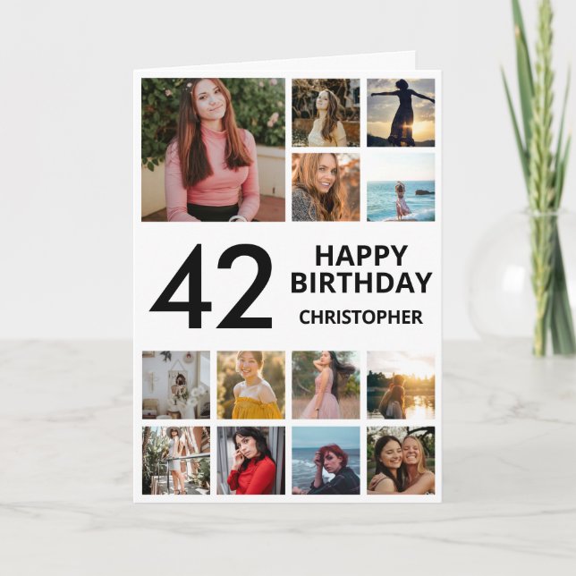 Tarjeta 42.º Collage de fotos de cumpleaños 13 fotos Blanc (Anverso)