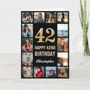 Tarjeta 42.º feliz cumpleaños Collage de fotos negro y oro