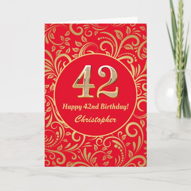 Tarjeta 42.º patrón floral rojo y dorado (Anverso)