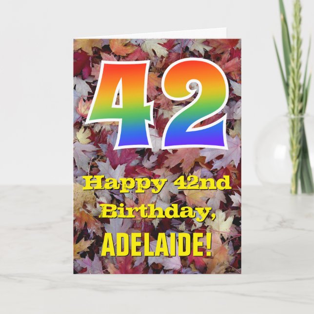Tarjeta 42° cumpleaños; hojas rusticas de otoño; arco iris (Anverso)