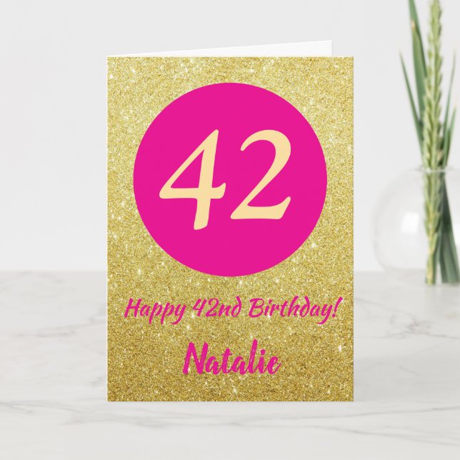 Tarjeta 42nd Happy Birthday Hot Pink and Gold Glitter (Anverso)