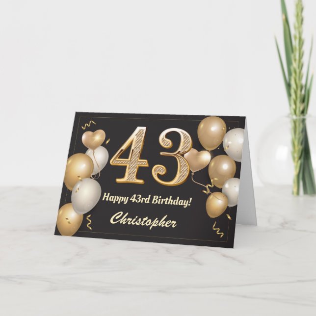 Tarjeta 43.º cumpleaños de los globos negros y de oro (Anverso)