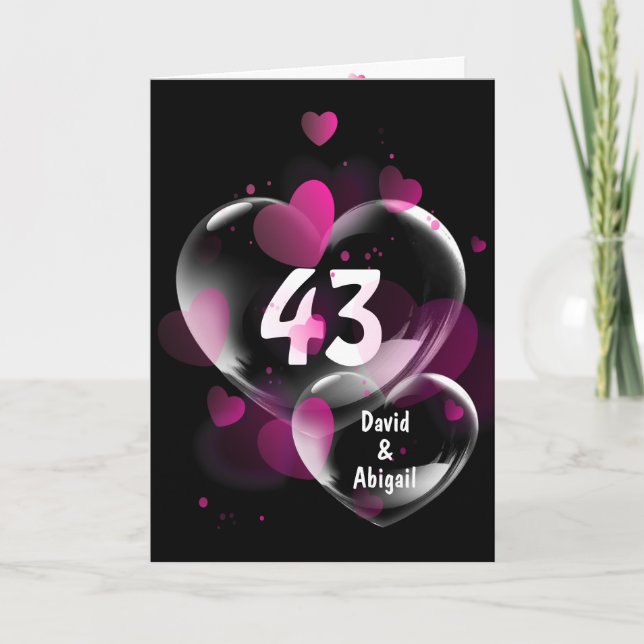 Tarjeta 43° aniversario burbujas de corazón en negro (Anverso)